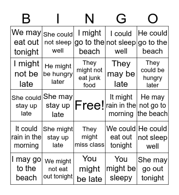 Modal Verbs: May - Might - Could Bingo Card