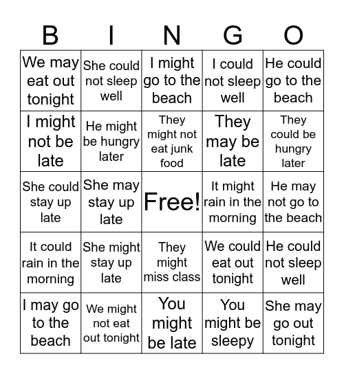 Modal Verbs: May - Might - Could Bingo Card