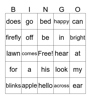 Sight Words Bingo Card
