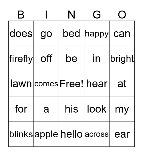 Sight Words Bingo Card