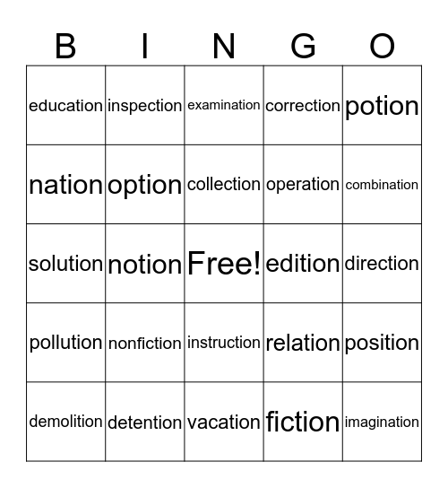 -tion Bingo Card