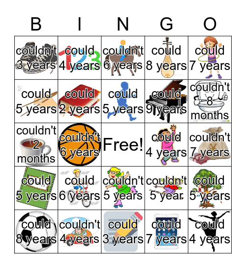 I could/couldn't ____ when I was... Bingo Card