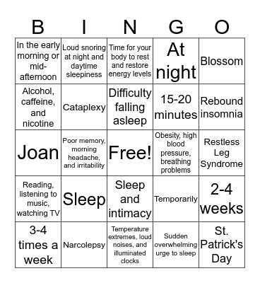 Sleep Bingo Card