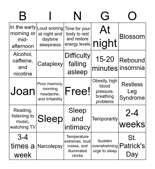 Sleep Bingo Card