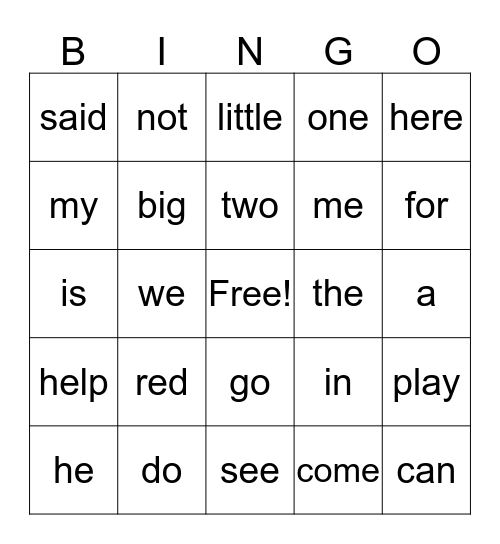 Sight word Bingo Card