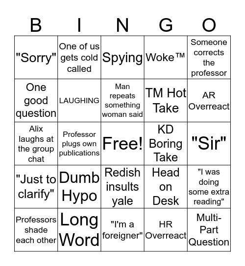 Section One Bingo Card