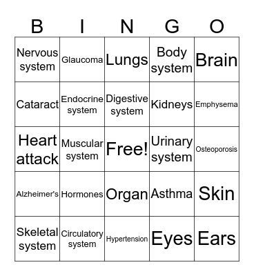 Ch. 14 Noninfectious diseases and Disorders Bingo Card