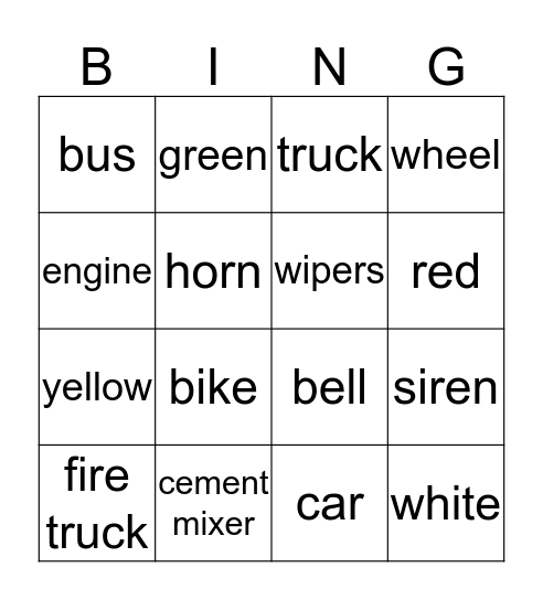 Wheels Go Around Bingo Card