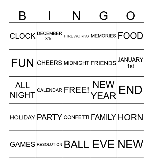 New Year's Bingo! Bingo Card