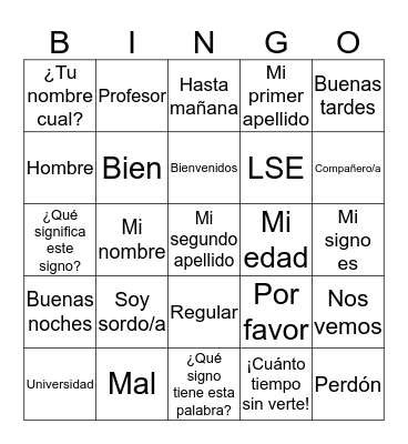 Taller de iniciación a la Lengua de Signos Española Bingo Card