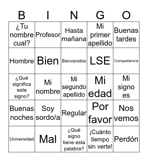 Taller de iniciación a la Lengua de Signos Española Bingo Card