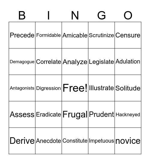 Avid Bingo Game Bingo Card