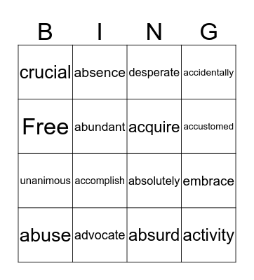 Vocabulary Bingo Card