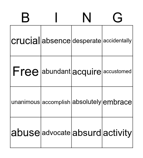 Vocabulary Bingo Card