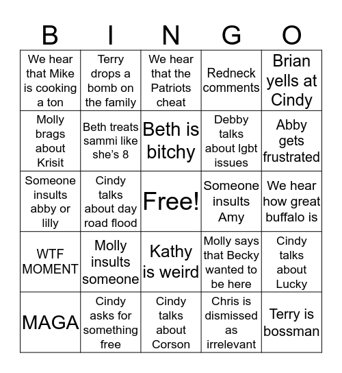 Dysfunctional Family Bingo Card