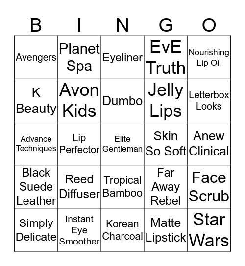 Hayley's Avon Bingo Card