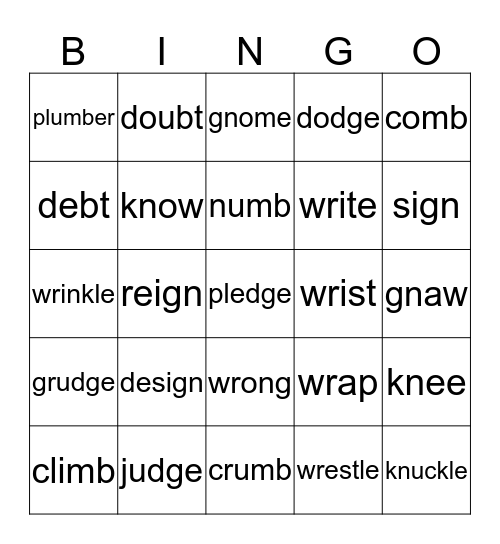 Silent Letters wr, kn, gn, mb, bt, dg Bingo Card