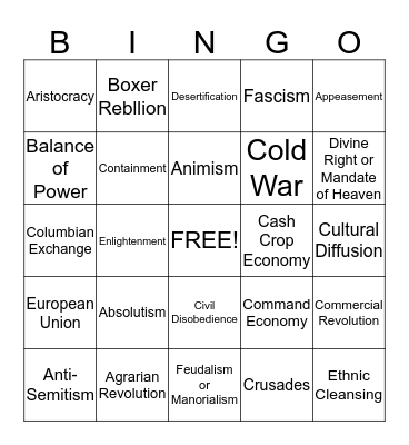 Global History Vocabulary Bingo Card