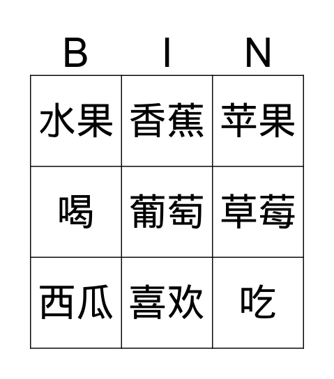 Level Chinese vocabulary C 水果 words Bingo Card
