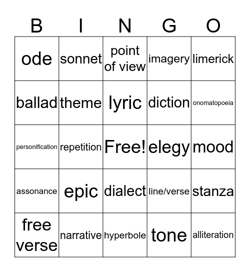 Poetry Bingo Card