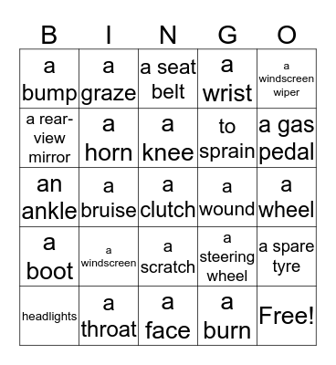 Body, Car, Injury Bingo Card