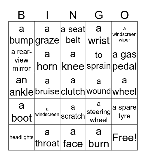 Body, Car, Injury Bingo Card