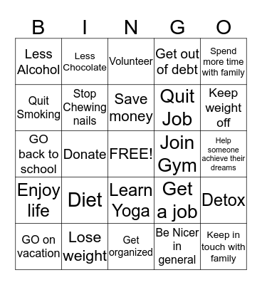 New Years Resolutions Bingo Card