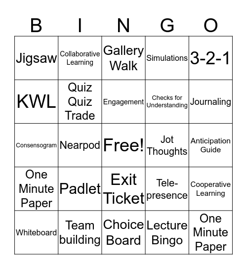 Active Learning and Engagement Bingo Card
