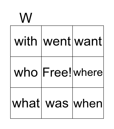 "W" words Bingo Card