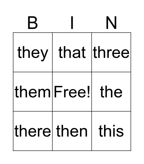 "TH" Words Bingo Card