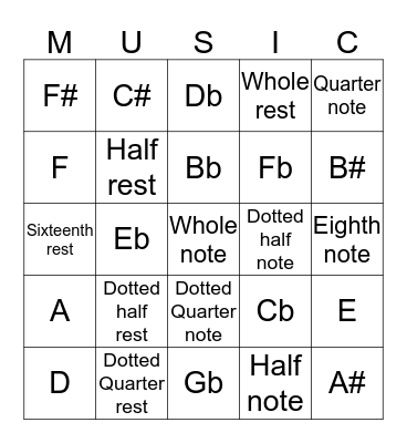 Pitch and Rhythm Bingo Card