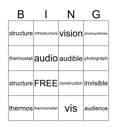 Roots Unit 3 Bingo Card