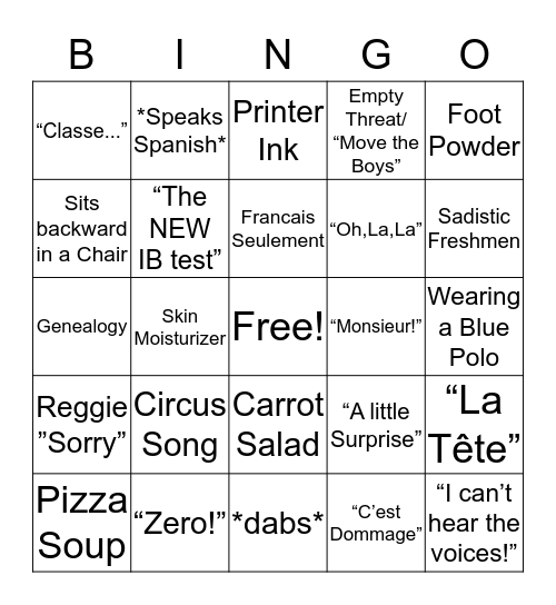 French Bingo Card