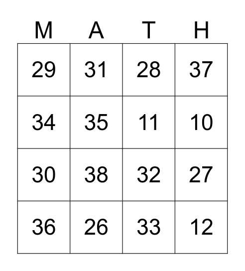 Order of Operations Bingo Card