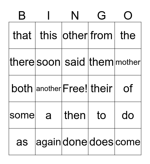 Sight Words Bingo Card