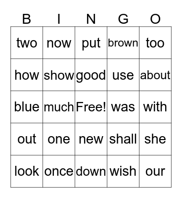 Sight Words Bingo Card