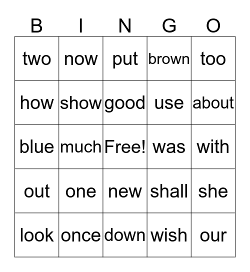 Sight Words Bingo Card