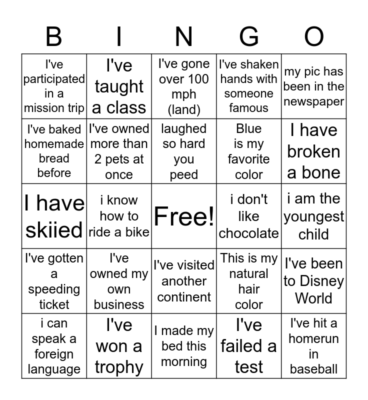 life experience bingo Card