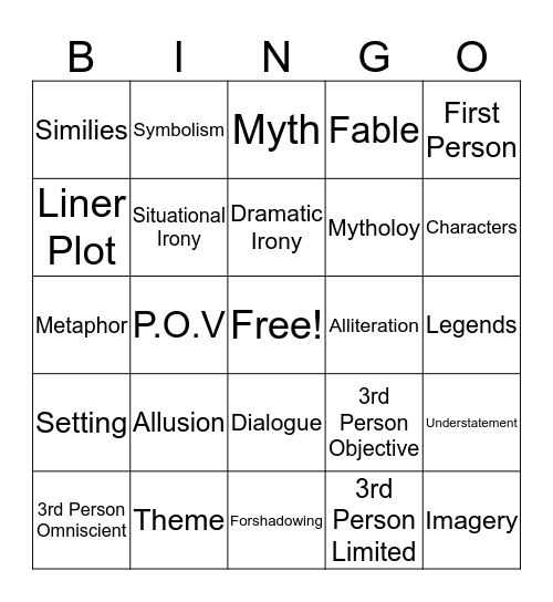 Fiction Bingo Card