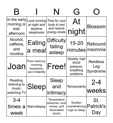 Sleep Bingo Card