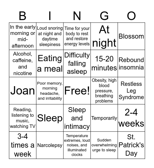 Sleep Bingo Card