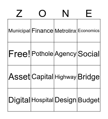 Infrastructure Zone Bingo Card