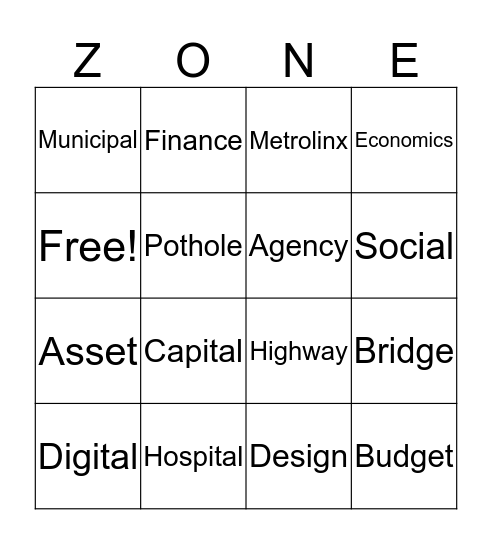 Infrastructure Zone Bingo Card