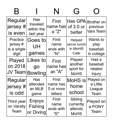 MoHS Varsity Baseball Team Bingo Card