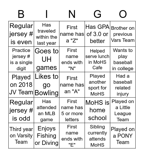 MoHS Varsity Baseball Team Bingo Card