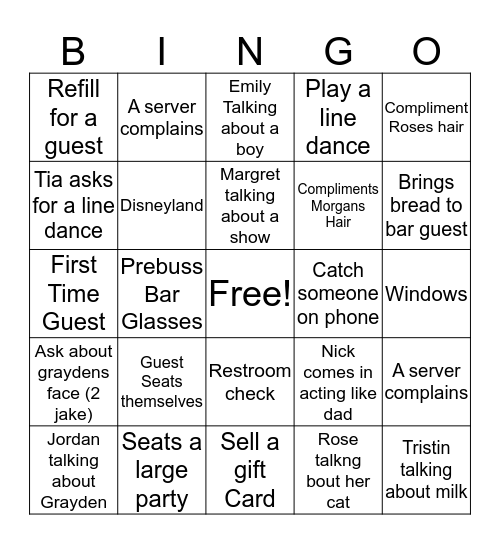 Host Stand Shenanagins Bingo Card