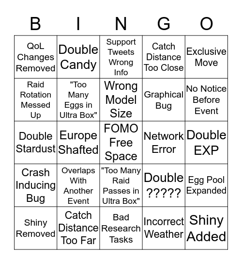 Niantic Event 2019 Bingo Card