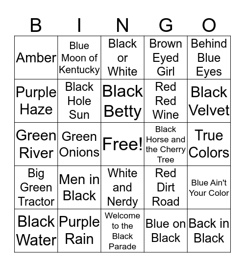 Colorful Songs Bingo Card