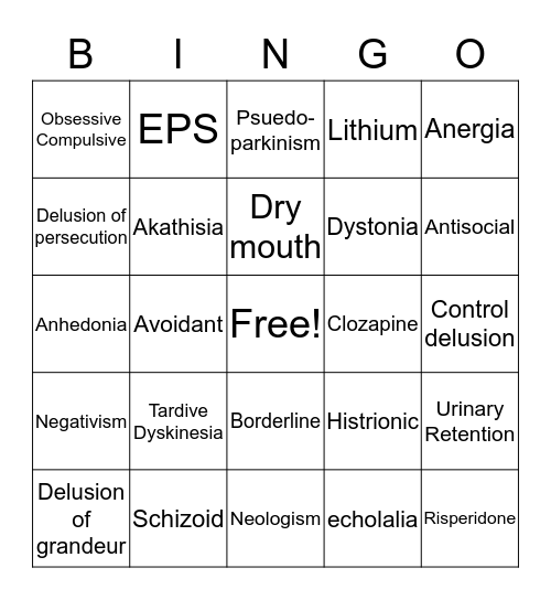 Schizophrenia/Personality Bingo Card