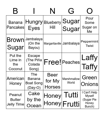 "Food" Songs Music Bingo Card